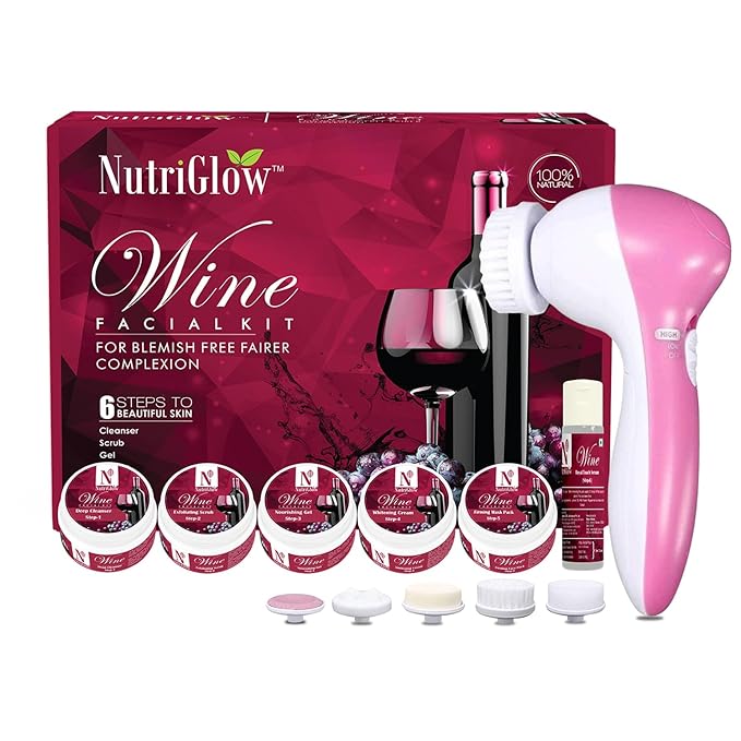 NutriGlow Wine Facial Kit for Women for Glowing Skin, 6-Pieces Skin Care Set with Deep Cleanser, Scrub, Nourishing Gel, Tan Removal, Mask Pack and Serum, 250gm+10ml Free Face Massager
