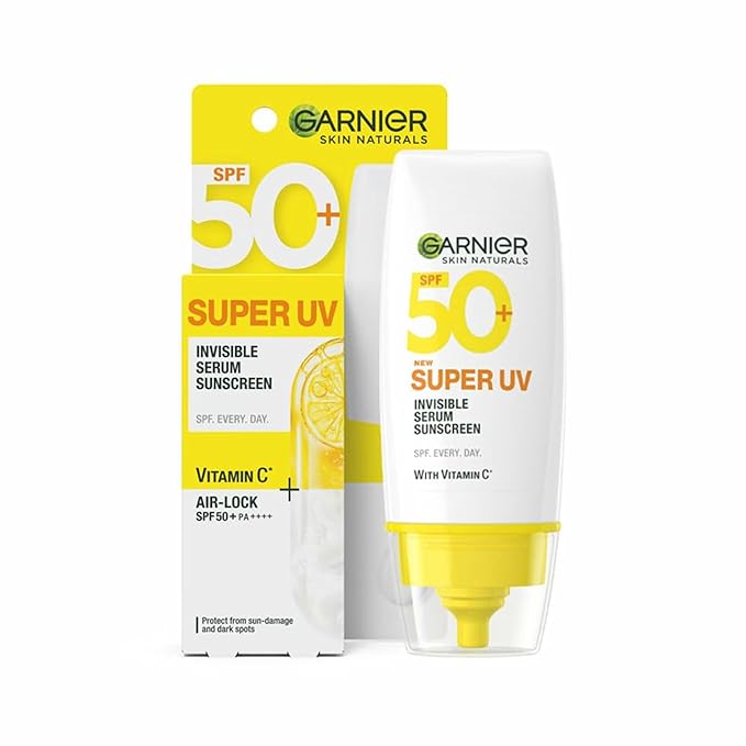 Garnier Super UV Invisible Serum Sunscreen SPF 50 PA++++ UVA/B, 30ml | SPF 50 PA++++ UVA/B for Broad Spectrum | Lightweight with Vitamin C | In-Vivo tested | For All Skin Types | For Men & Women