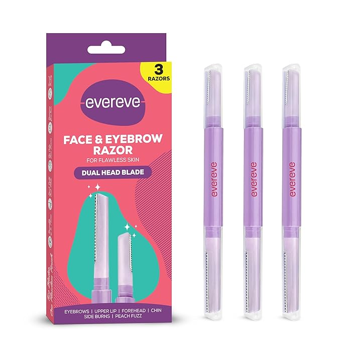 Evereve Face & Eyebrow Razor for Women, Pack of 3, Dual-Blade Head for Shaving with Precision & Coverage, German Steel Blades, Instant Painless Hair Removal, For All Skin Types, Dermaplaning Tool