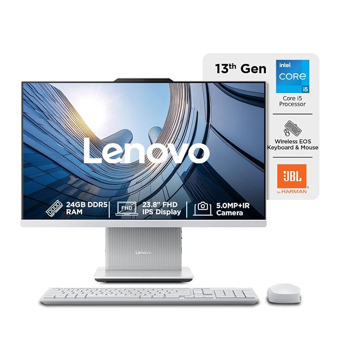 Lenovo IdeaCentre AIO Intel Core i5-13420H 24″ FHD (24GB RAM/512GB SSD/Win11/Microsoft 365 Basic + Office Home 2024/3Wx2 Harman/Wireless EOS Keyboard & Mouse,Grey) All-in-One Desktop