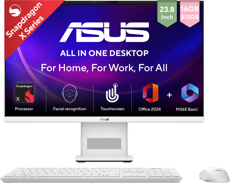 ASUS AiO V400 Series,VM441QA-TWAP001WS,Touch screen, MSO 2024 + M365 Basic*, Snapdragon X (16 GB LPDDR5/Windows 11 Home/23.8 Inch Screen/VM441QA-TWAP001WS)